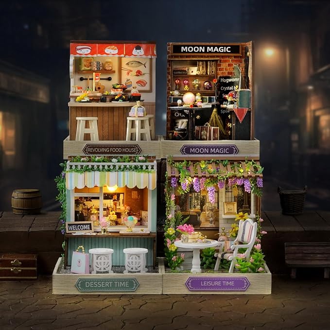 Miniature House Kit, CUTEROOM Tiny House Kit Wooden Dollhouse Kit Mini House Making Kit with Dust Cover, DIY Sushi Dollhouse Kit Birthday Gift (Food House)