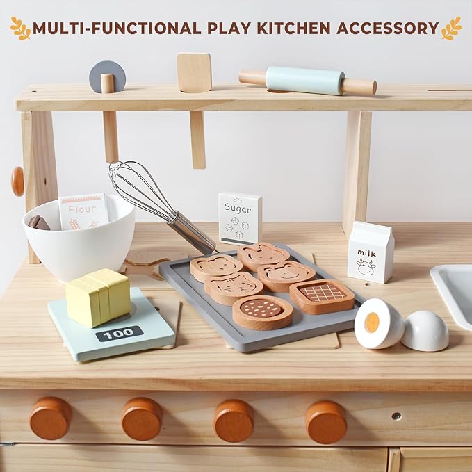 PairPear Wooden Cookie & Baking Play Food Set, Kids 28 Pieces Sliceable Cookies, Hand Mixer Toy Kitchen Accessories Playset, Montessori Pretend Kitchen Gift for Kids Ages 3+