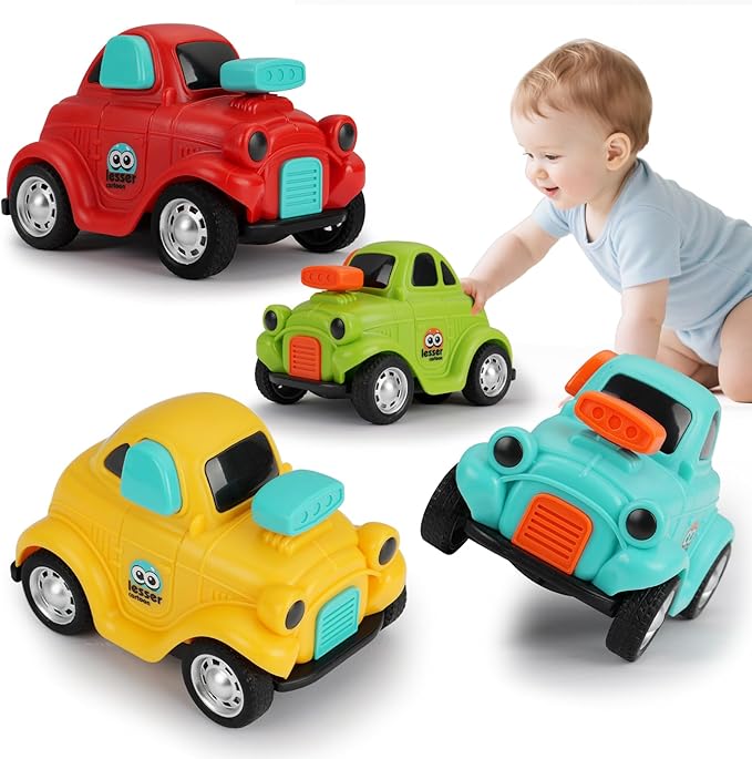 Inertial Push and Go Cartoon Car Toys for Toddlers 1-3, Friction Powered Race Vehicles for 6-9-12-18 Month, 1st Birthday Gift for 1-2 Year Old Boy Girl,Party Favor for Kids