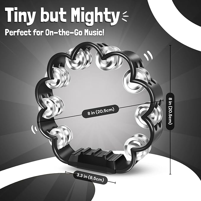 Flexzion Flower Tambourine - 8 Inch Handheld Percussion Instrument w/Metal Jingles & Ergonomic Grip - Small Tambourines for Adults, Kids, Church, Parties, & Musical Events (Black)