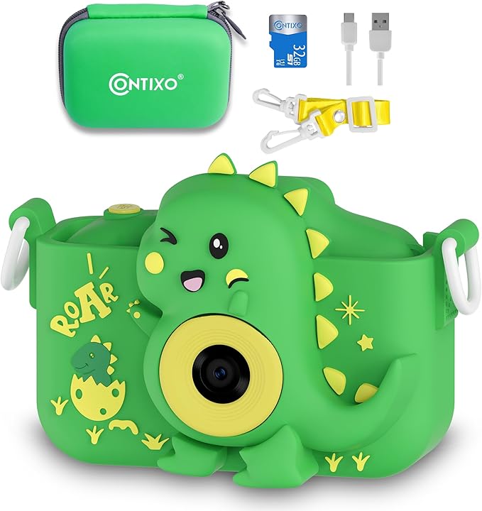 Contixo KC3A Kids Digital Camera - 1080P Toddler Camera with Selfie Mode, Games, Sound Recording, 8X Zoom, 32GB SD Card, USB-C Rechargeable Educational Toy for Boys Girls Ages 3-8, Green