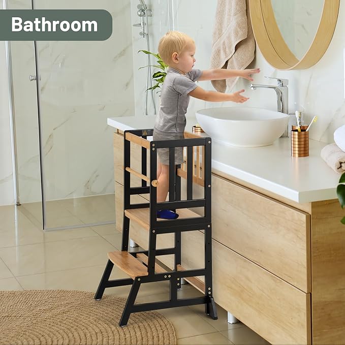 COSYLAND Toddler Standing Tower - Adjustable Height Toddler Kitchen Stool Helper - Kids Kitchen Step Stool for Learning with Removable Safety Railing Black&Natural