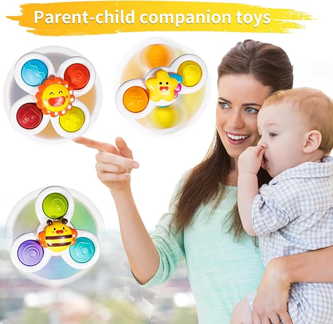ALASOU 3PCS Pop Suction Cup Spinner Toys for 1 Year Old Boy Girl|Novelty Spinning Tops Toddler Toys Age 1-2|Sensory Baby Bath Toy for Toddlers 1-3|12 18 Months Boy Birthday Gift for Infant