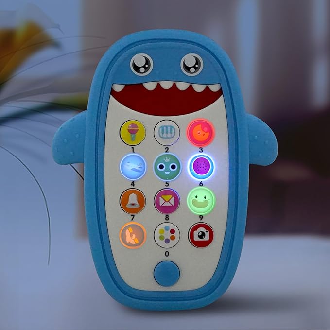 Baby Shark Cell Phone Toy Removable Teether Case, Light, Music & Adjustable Volume Kids Play & Learn Fake Phone Infant Toddler, Preschool Holiday Birthday Present for Girl Boy 12 Months (Blue)
