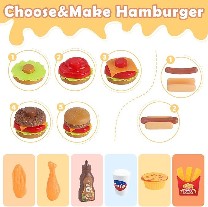 21 Pcs Toddler Hamburger Play Set, Pretend Play Cart Stall, Food Toys,with hot Dogs, Egg tarts, and Chicken Wings, for Children