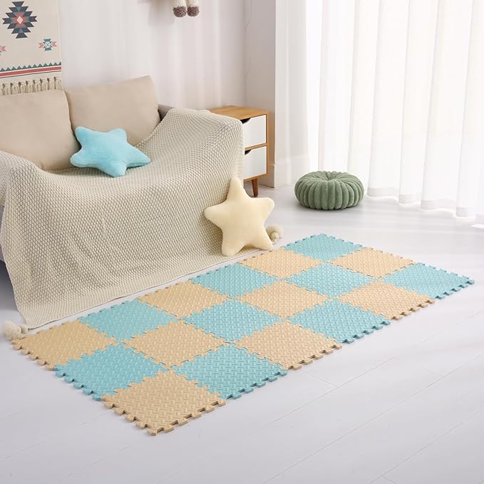 Foam Play Mat for Baby, 0.4 Inch Thick Foam Interlocking Floor Mats, Soft Non-Toxic Baby Playmat, Solid Colored Puzzle Play Mat Kids Floor Mats for Toddler, 16 Tiles(Beige/Light Blue)