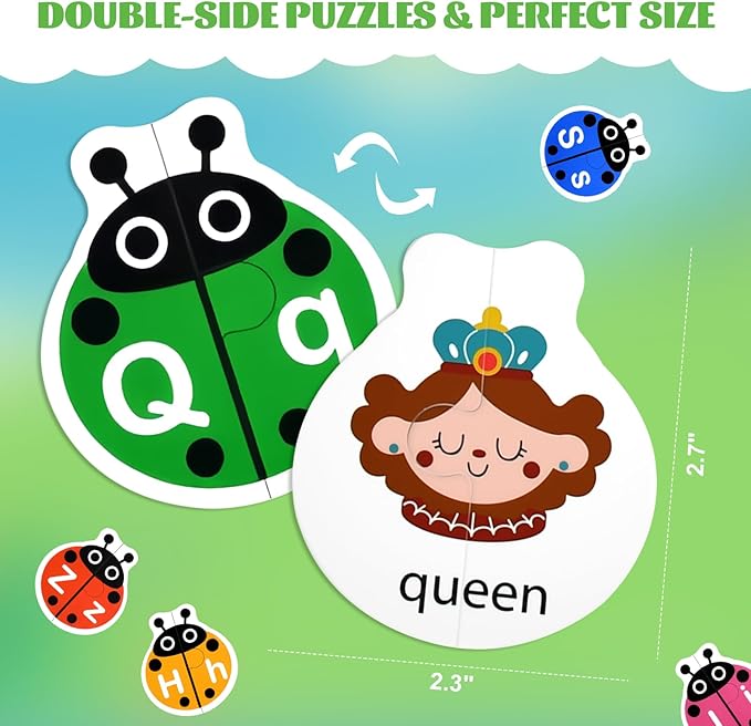 Ladybug Self Correcting Alphabet Puzzle: Letter Matching Games for Toddlers 3-5, 52pcs Double-Sided Montessori ABC Puzzles Cards Preschool Learning Activities Educational Toy Gift for Kids