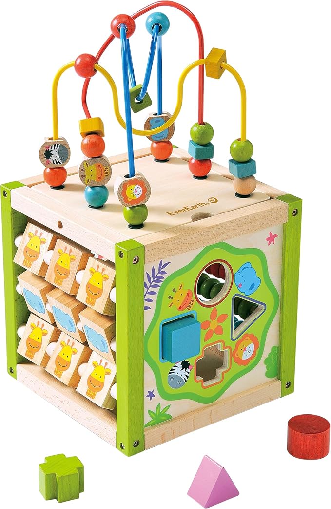 Wooden Activity Cube with Bead Maze, 5 in 1 Activity Center, Educational Learning Montessori Toys for Toddlers for Kids 1+, FSC Certified