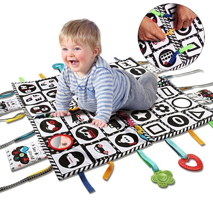 teytoy Tummy Time Floor Mirror, Double High Contrast Play and Pat Activity Mat Black and White Baby Crinkle Toys with Teether, Great Gift for Infants Boys and Girls -Pack of 4