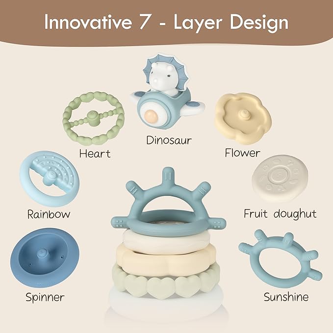 Moonkie Dinosaur Baby Stacking Toys | 7-Piece Silicone Rings for Teething Relief | Educational Toy for Infants & Toddlers 6 Months+ | Baby Shower or Birthday Gift for Boys