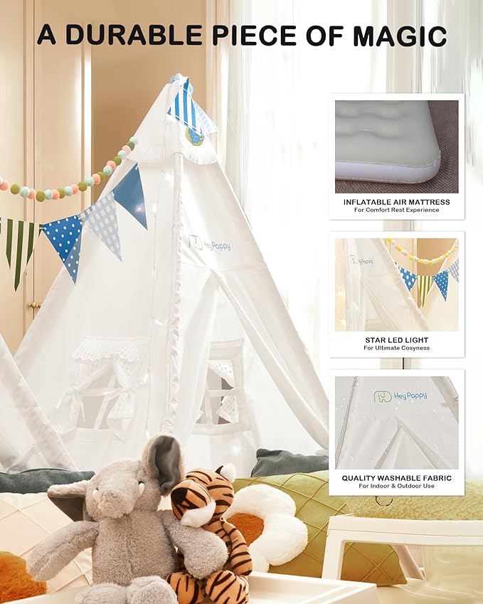 Teepee Tent for Kids with Inflatable Airbed, String Lights, Balloons, Pump, Washable Slumber Party Tent with Size 65"x51"x71", Playhouse Tent for Playtime and Sleepover