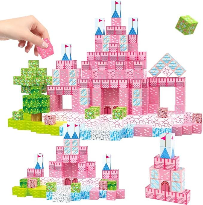 128PCS Magnetic Blocks Building Toys - 1" Magnet Cubes Tiles for Girls, Magnetic Tiles Building Blocks, Stacking Magnets Sensory STEM Toys Cultivate Innovation, Build Princess Castle Birthday Gift