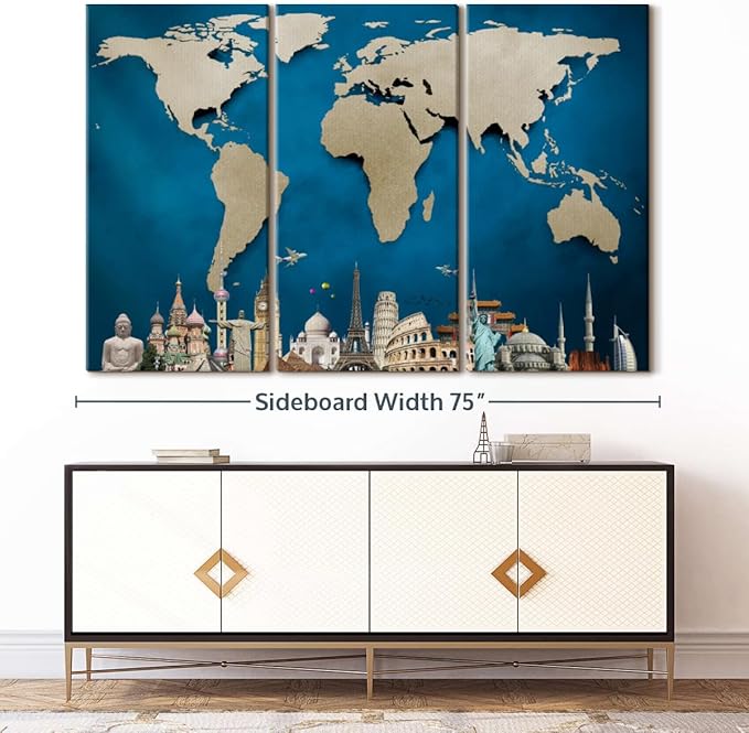 ElephantStock Ocean Blue World Map Multi Piece Canvas - 3 Panel Wall Decor - Map of the World Art - Canvas for the Office and Home - 74" X 48"