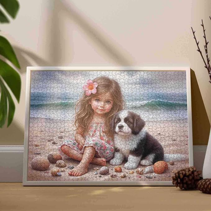Tucocoo 1000 Piece Jigsaw Puzzle for Adults, Girl and Puppy on Seashell Beach – Ocean Artwork Puzzles, Floral Dress Coastal Art, Cute Dog Puzzle Gift for Women and Adults, Family Games Challenging