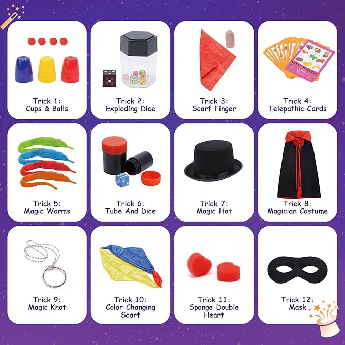 Skirfy Magic Kit,Magician Costume for Pretend Play, Magic Tricks for Kids Age 6-8, Magic Set for Beginners Boys Girls Birthday Gift 6 7 8 9 10 11 12
