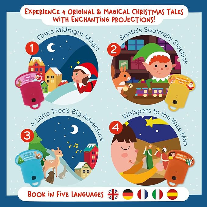 Nene Toys Christmas Fairy Tales Interactive Book with Flashlight Projector & Shadow Puppets - Magical Stories & Theatrical Playset for Kids 3+ Years - 5 Languages - Perfect Holiday Bedtime Kit