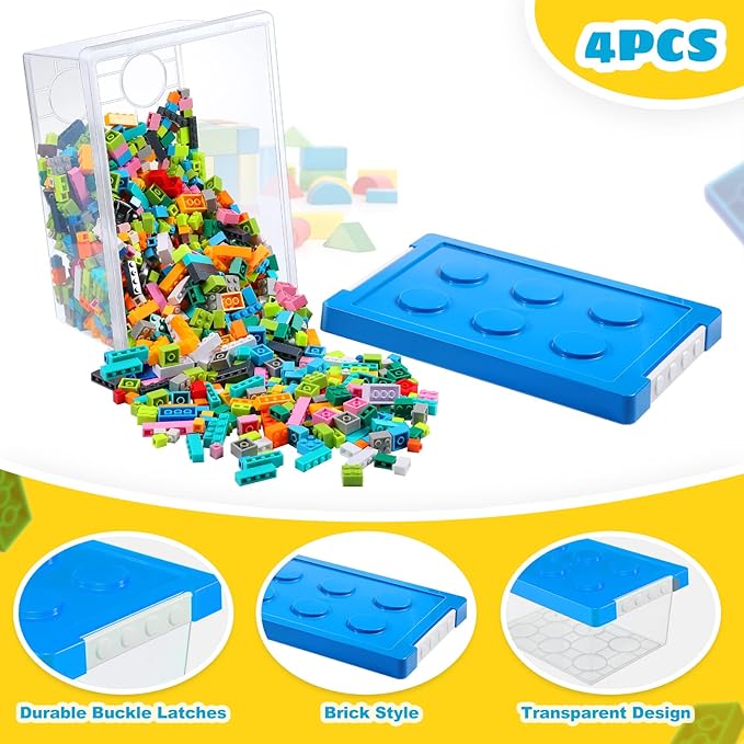 Vicenpal 4 Pack Toy Storage Containers with Lids Brick Shaped Kids Toy Organizer Box Plastic Clear Stackable Bin Chest for Building Block Dolls(Large,Red, Yellow, Blue, Green)