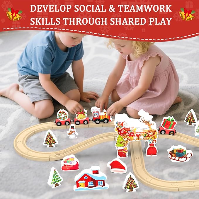 Wooden Railway Set for Kids, 42-Piece Wooden Train Track for Toddlers, Christmas Train Toys for 3 4 5 6 Years Old Compatible with Thomas, Brio