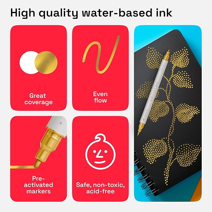 ARTISTRO 5 Gold Dual Tip Brush + Fine Acrylic Paint Pens Ideal for Calligraphy - Paint Markers for Fabric, Rock, Glass, DIY - Stocking Stuffers, Christmas Gift Idea for Teens, Grandkids, Kids
