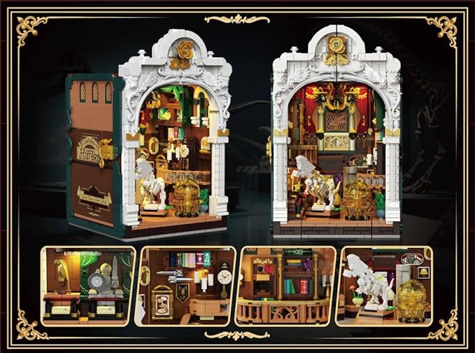 Dinosaur Museum Book Nook Building Set with Lights, DIY Booknook Building Block Toy for Bookshelf Home Decor, 1500 PCS Miniature House Model Building Brick Kit for Adults Teens Boys Girls 12+