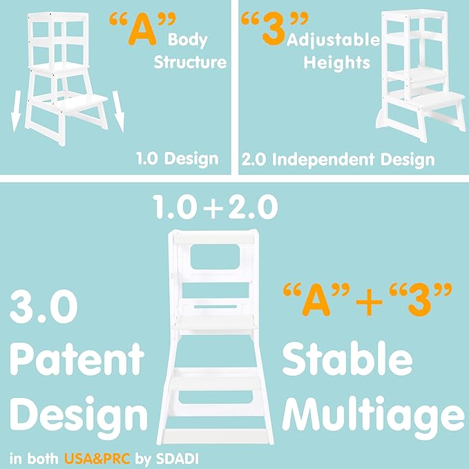 SDADI Adjustable Height Kids Kitchen Step Stool with Removable Safety Rails and Anti-Slip Protection- Toddler Standing Tower with with Ring Toss for Learning and Playing (Dark Grey and Light Grey)