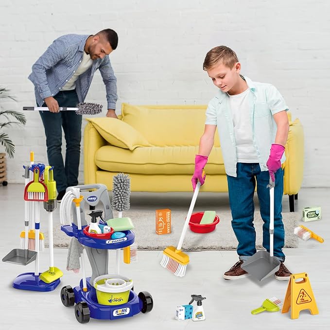 Kids Cleaning Set for Toddlers Pretend Play Housekeeping Supplies Kits with Real Working Vacuum Cleaner, Broom, Spray Bottle, Dust Pan and More Role Play Educational Toys for Toddler Boys Girls (Blue)