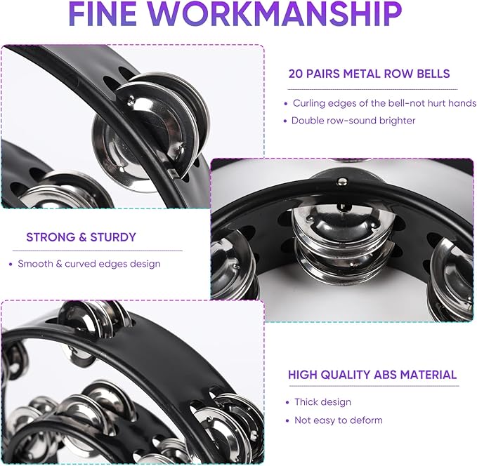 Tambourine Double Row Metal Jingles Bell Hand Held Percussion Half Moon Tambourines Musical Instrument for Adults Kids Party, KTV, Events, Church (Black)