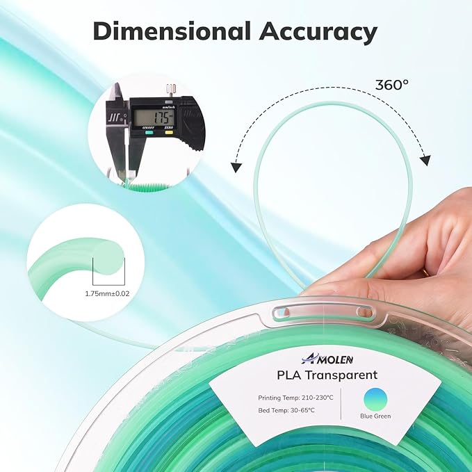 AMOLEN PLA 3D Printer Filament, PLA Filament 1.75mm Transparent Blue Green, with Light Transmission Feature, Compatible with Most FDM Printer, 1KG/2.2lb