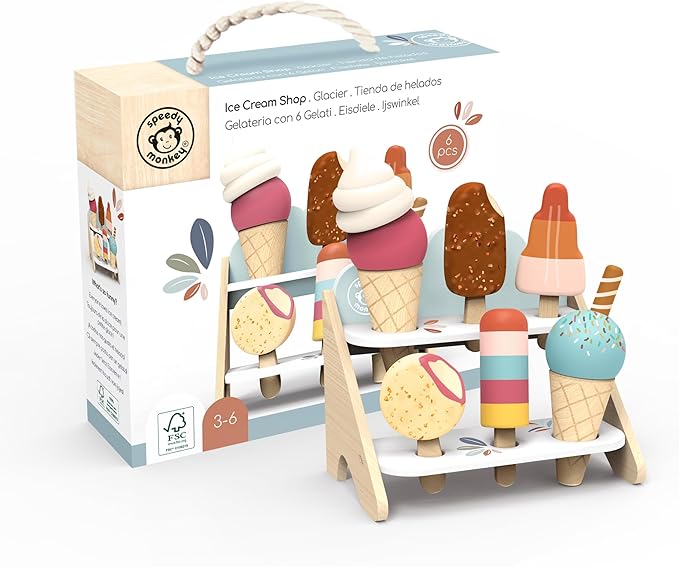 Speedy Monkey Wooden Ice Cream Shop Playset – FSC Certified Pretend Dessert Stand for Kids, Role Play Popsicle Toy Counter, Cones & Scoops Cart, Sweet Treat Ice Cream Parlour for Toddler, Boys & Girls