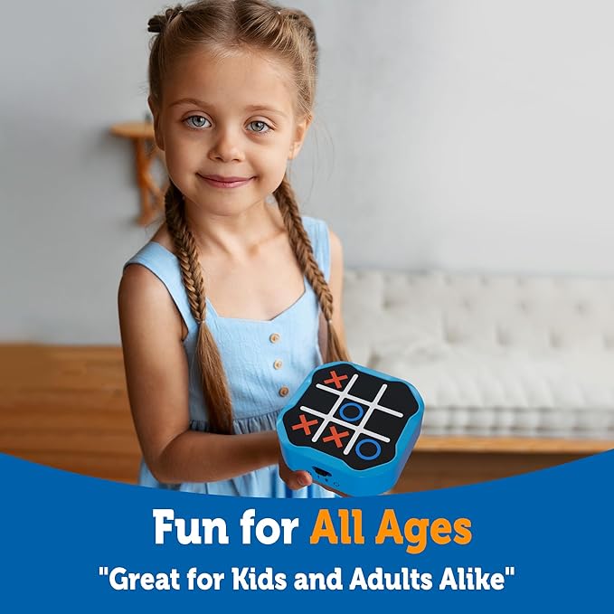 3-in-1 Electronic Tic Tac Toe Game, Handheld Travel Toy with Silent Mode, Fun for Kids and Adults, Blue