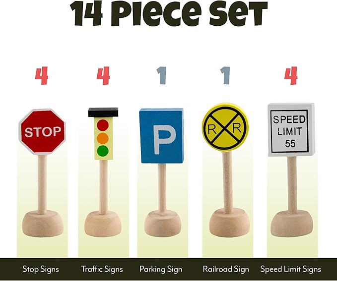 Attatoy Kids Wooden Street Signs Playset (14-Piece Set), Wood Traffic Signs Perfect for Car & Train Set