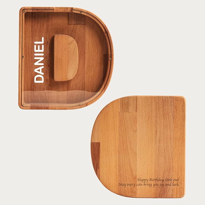 Personalized Wooden Piggy Bank – Custom Letter D Coin Bank in Beech Wood with Clear Acrylic Front, Engraved Name Option, Money Saving Box for Kids and Adults