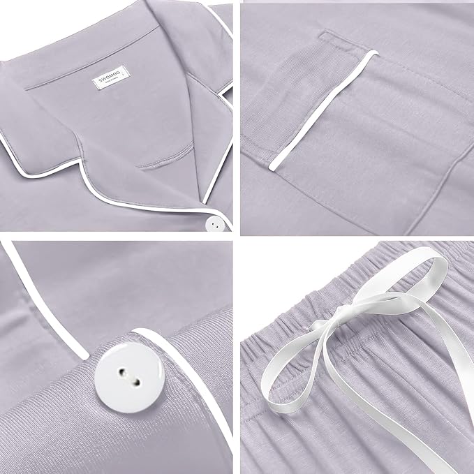 SWOMOG Womens Button Down Pajamas Set Short Sleeve Sleepwear Bride Soft Pj Lounge Sets XS-3XL