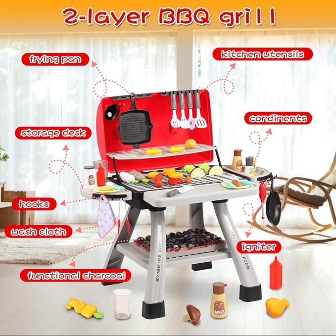 Kids BBQ Grill Playset with Simulated Smoke & Sound & Light, Play Kitchen Set W/ 41PCS Toy Food, Indoor & Outdoor Interactive Kitchen Pretend Play Toys, Cooking Toy Kit for Toddler Boy Girl 3 4 5+