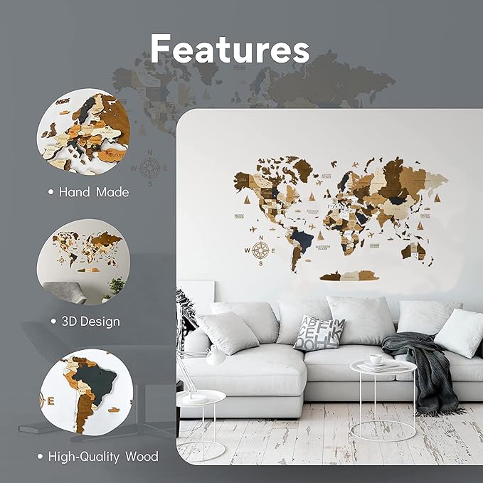 Wooden World Map 3D Art Large Wall Decor - Size (M & L & XL) Any Occasion Gift Idea - Wall Art For Home & Kitchen or Office (COFFEE, 83,86" x 44,49")
