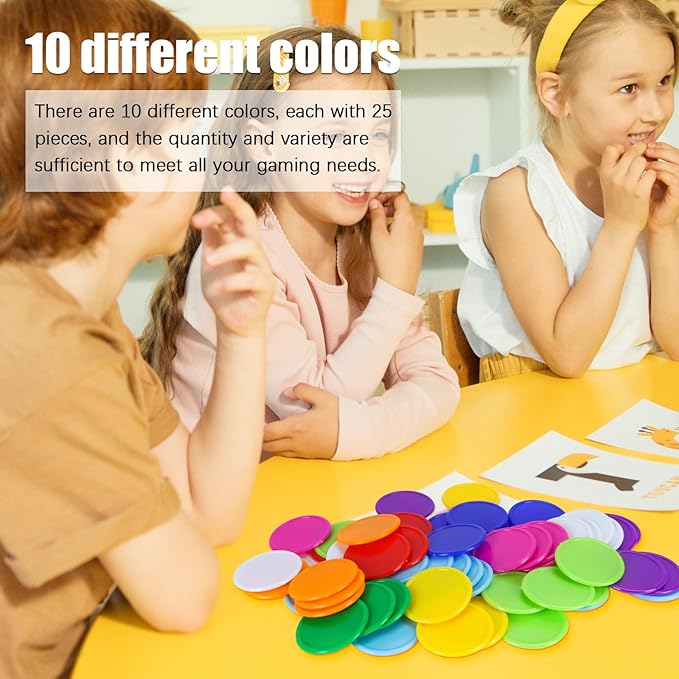 250 PCS Poker Card Game Chips, 37mm Plastic Poker Chips Bulk, Learning Counters Disks Chip for Math Counting, 10 Colors