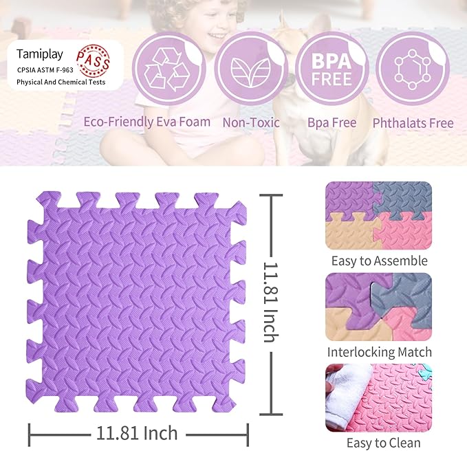 Foam Play Mat for Baby, EVA Non-Toxic Interlocking Floor Mats, Solid Colored Foam Puzzled Floor Mats, Baby Play Mat Exercise Mats, 16 Tiles(Beige/Pink/Purple/Gray Blue)