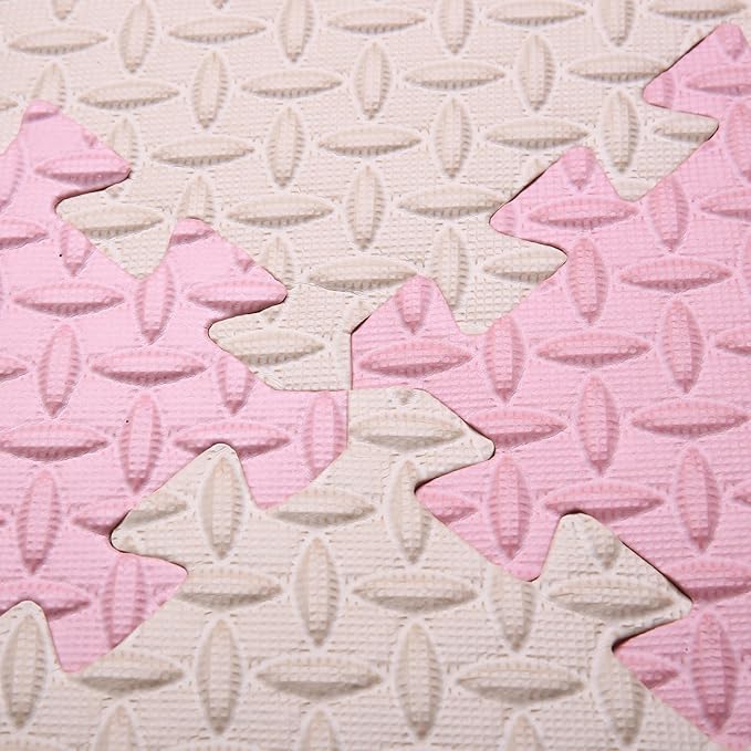 Foam Play Mat for Baby, 0.4 Inch Thick Foam Interlocking Floor Mats, Soft Non-Toxic Baby Playmat, Solid Colored Puzzle Play Mat Kids Floor Mats, 16 Tiles, Beige/Loli Pink