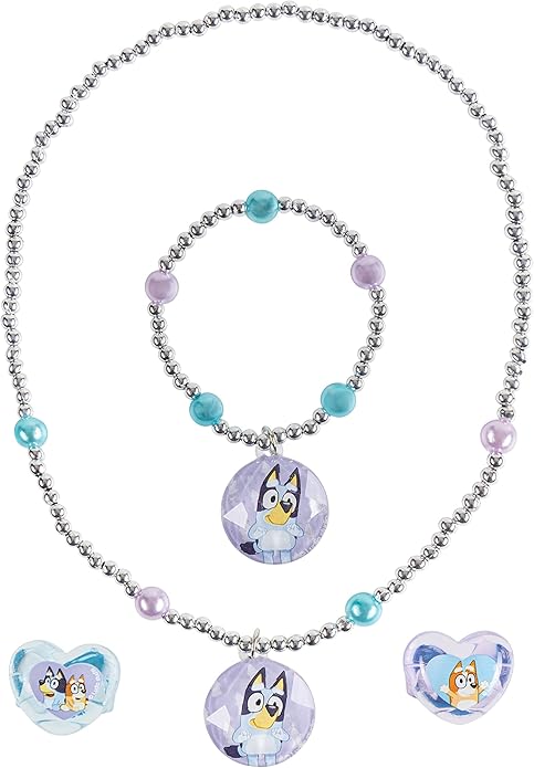 LUV HER Girls 4 Piece Costume Toy Jewelry Box Set with Silver Rings, Bead Bracelet and Necklace Ages 3+