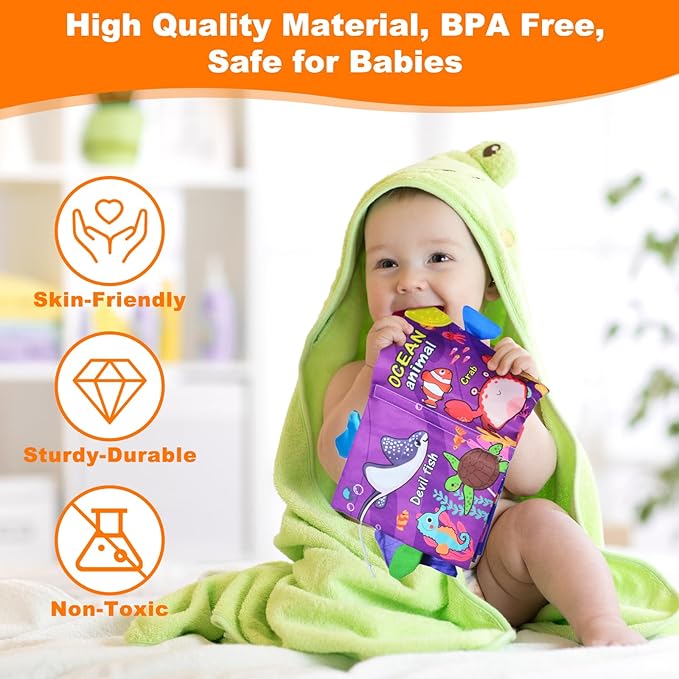 Crinkle Books for Babies,Touch and Feel Cloth Soft Books for Babies,Sensory for Baby Books 0-6 Months with Bi Bi Whistle,Mirror & Teething Toys,for Boy and Girl Gifts for Newborn Babies