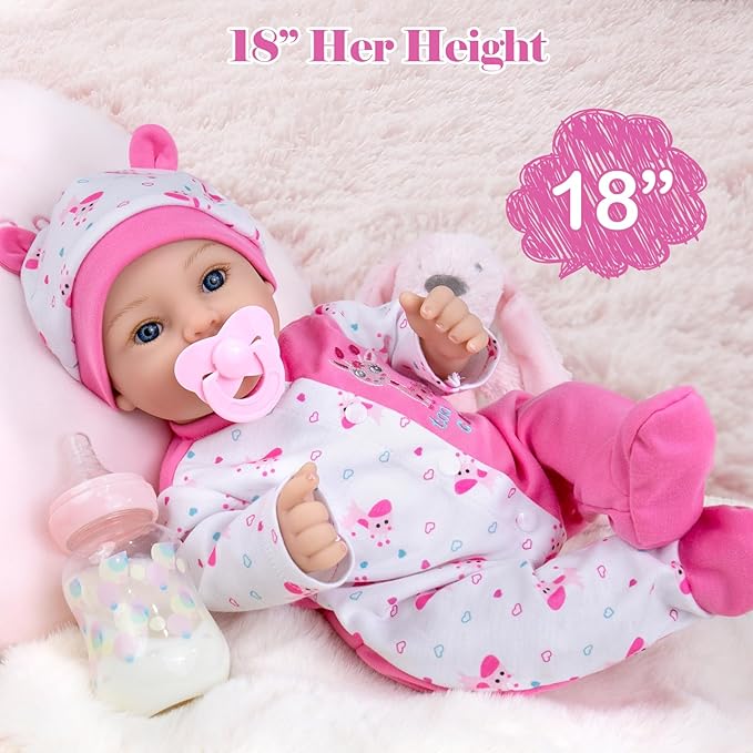 Aori Reborn Baby Dolls Girl - 18'' Realistic Newborn Baby Doll Girl with Pink Feeding Accessories - Lifelike Weighted Body for Role Play, Gift for Kids Ages 3+