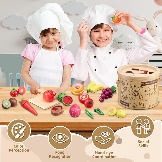 Wooden Play Food Sets for Kitchen Kids Velcro Fruits and Vegetables Cutting Toys for Toddlers Pretend Food Kitchen Accessories Playset Birthday for 3 4 5 6 Years Old Boys Girls