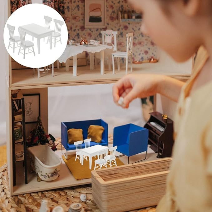 Homoyoyo 5 PCS 1/12 Wooden Dollhouse Furniture of Table Chair, Mini House Miniature Dining Table Chair, Miniature Furniture Set Dollhouse Accessories(White)