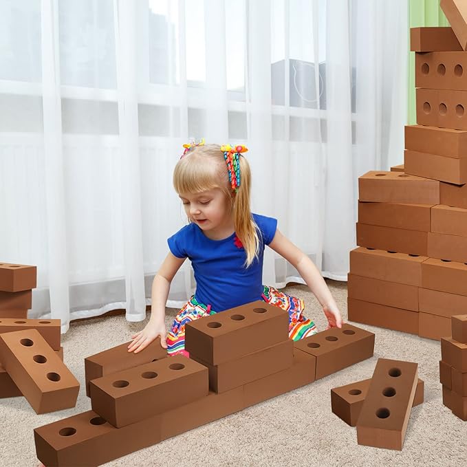 Zhanmai 50 Pack Foam Bricks Building Blocks for Kids Foam Cinder Blocks Large Fake Bricks Toy for Stacking and Construction 8 x 4 x 2.4 Inches(Round)