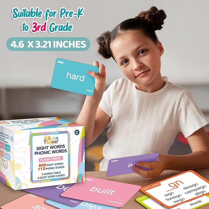 SpringFlower 712 Sight Words Flash Card,600 Dolch & Fry High Frequency Sight Word,112 Phonic Flash Cards for Kindergarten Homeschool Supplies Games for Kids Pre-K, Kindergarten, 1st, 2nd, 3rd Grade