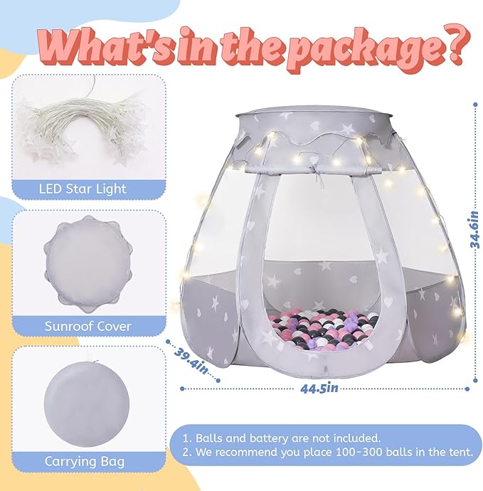 Pop Up Play Tent with Star Light：Neutral Toy for Boy Girl Birthday Gifts, Portable Ball Pit with Outdoor Carry Bag, Collapsible Kids Tent for Toddler Indoor Activity Playhouse, NO Balls(Grey)