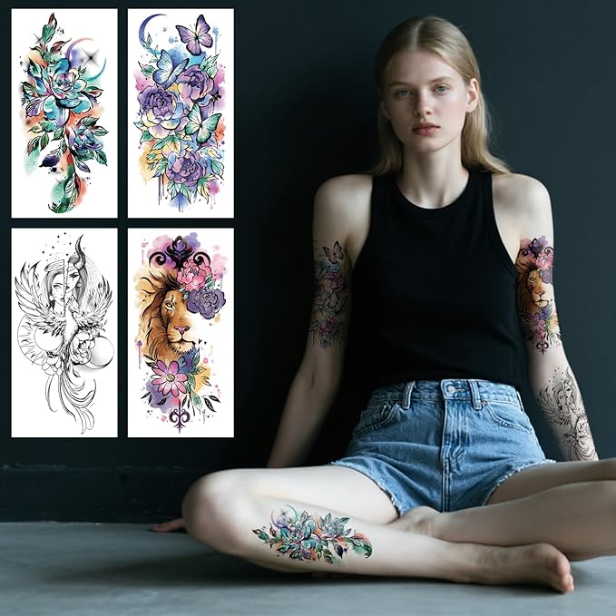 77 Sheets Nature Animal Temporary Tattoo for Women Men, 17 Sheets Half Arm Large Lion Flower Owl Fake Tattoos, 60 Sheets Butterfly Clock Black Tiny for Adult Kids Body Tattoos Stickers Realistic