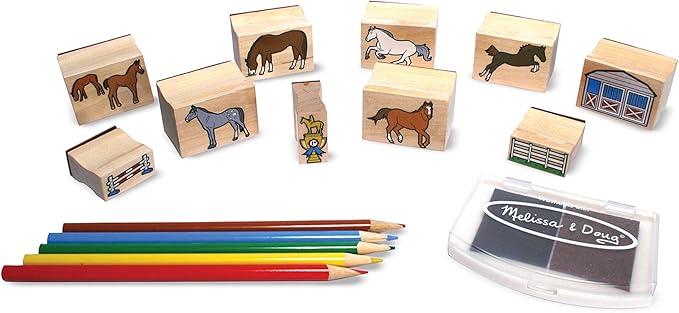 Melissa & Doug Wooden Stamp Activity Set: Horse Stable - 10 Stamps, 5 Colored Pencils, 2-Color Stamp Pad