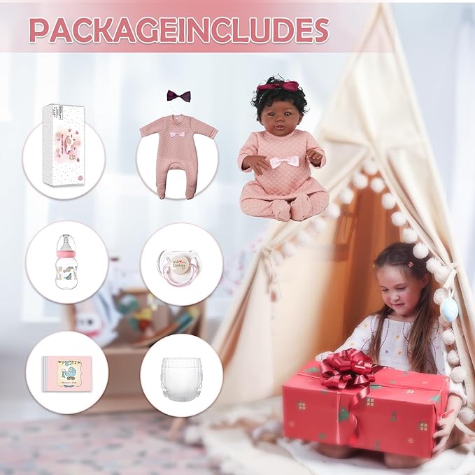 Realistic Reborn Baby Doll Black Girl – 18 Inch Lifelike African American Newborn, Real Life Handmade Soft Body with Accessories Gift Set for Kids 3+