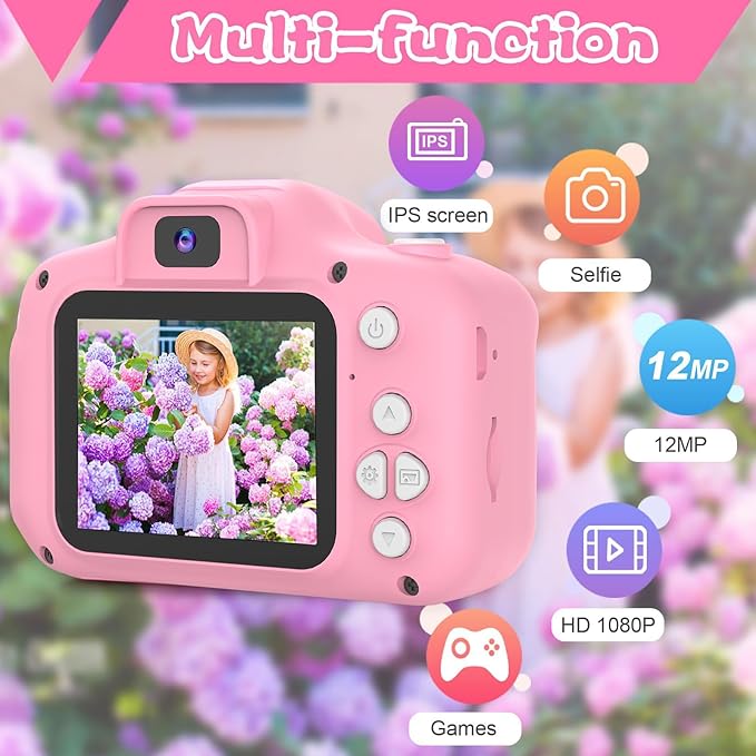PROGRACE Digital Camera for Kids, 40MP FHD 1080P Toddler Camera with 4-16X Zoom and Anti-Shake, IPS HD Screen, Birthday Toys for Girls and Boys Ages 3-12 - Pink